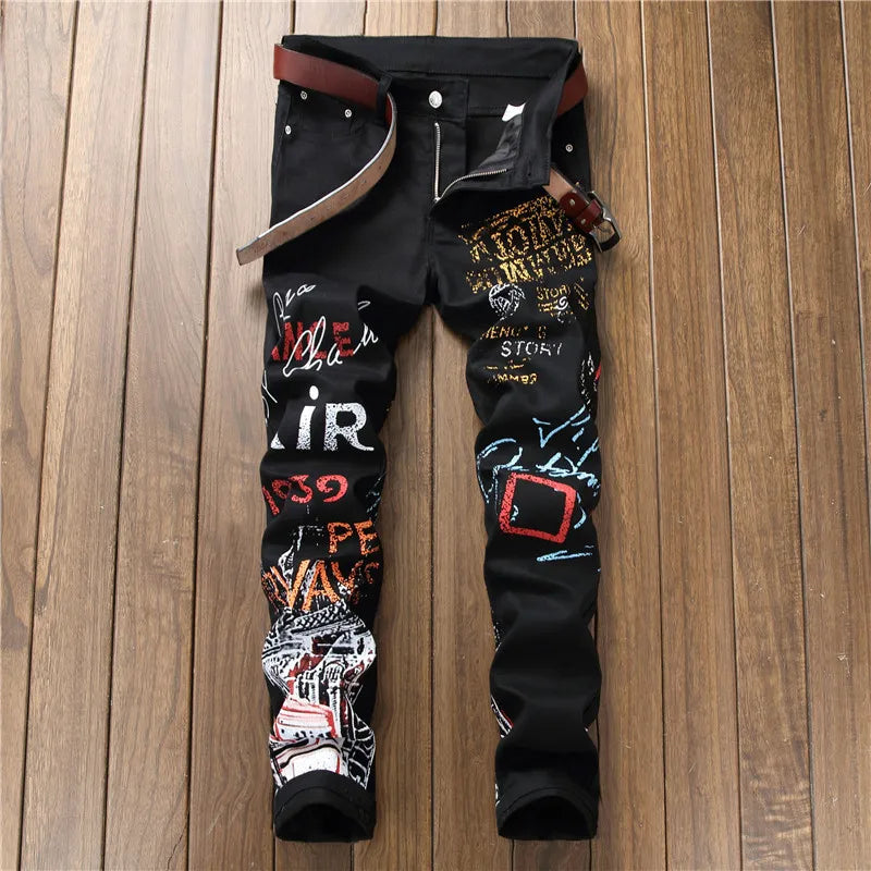 High Street Mens Jeans Fashion Night Club Black White Color Personal Designer Printed Jeans Punk Male Hip Hop Jeans