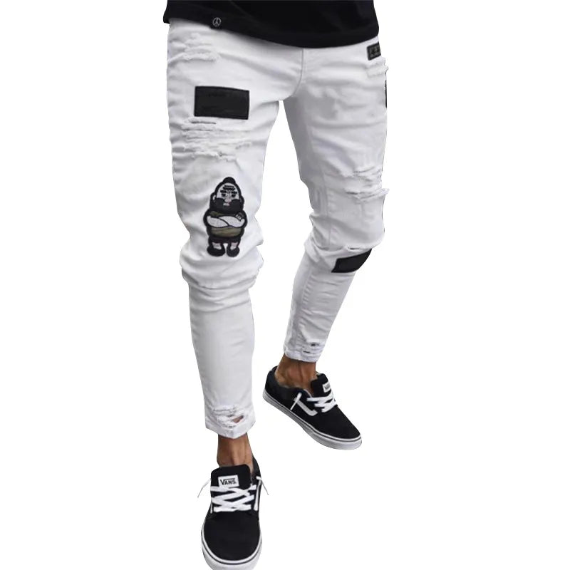 🔥 Men’s & Women’s Distressed White Biker Patch Jeans – Urban Streetwear Denim