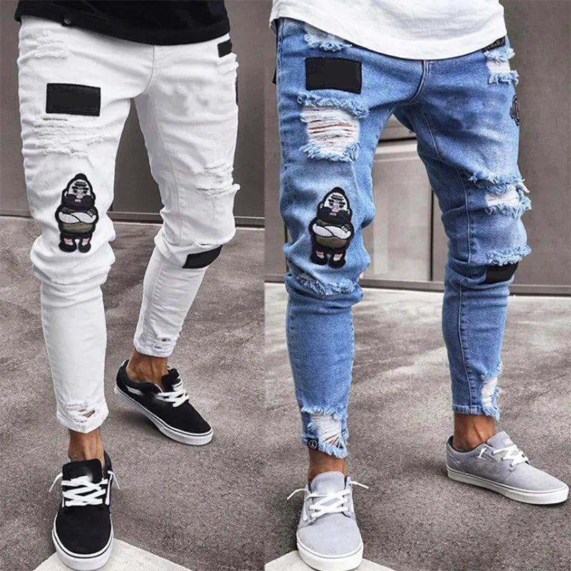 🔥 Men’s & Women’s Distressed White Biker Patch Jeans – Urban Streetwear Denim