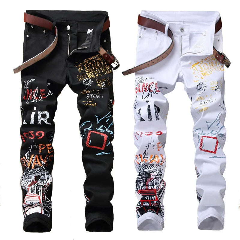 High Street Mens Jeans Fashion Night Club Black White Color Personal Designer Printed Jeans Punk Male Hip Hop Jeans