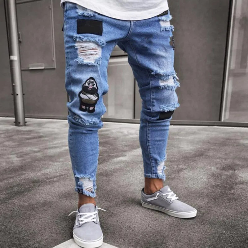 🔥 Men’s & Women’s Distressed White Biker Patch Jeans – Urban Streetwear Denim