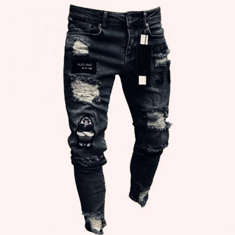 🔥 Men’s & Women’s Distressed White Biker Patch Jeans – Urban Streetwear Denim