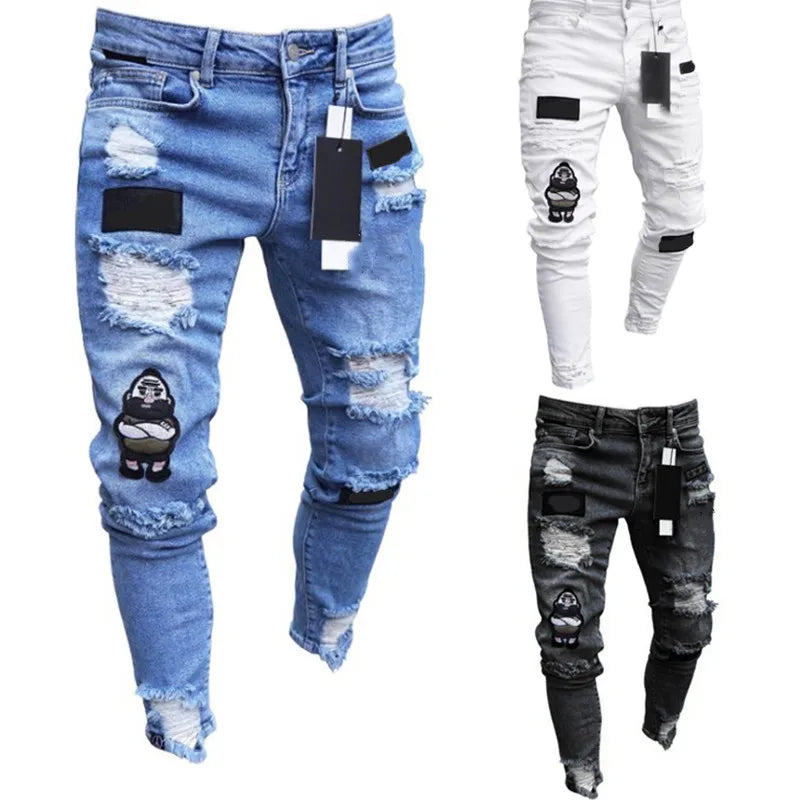 🔥 Men’s & Women’s Distressed White Biker Patch Jeans – Urban Streetwear Denim