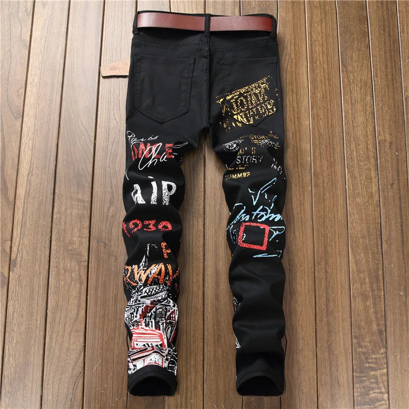 High Street Mens Jeans Fashion Night Club Black White Color Personal Designer Printed Jeans Punk Male Hip Hop Jeans