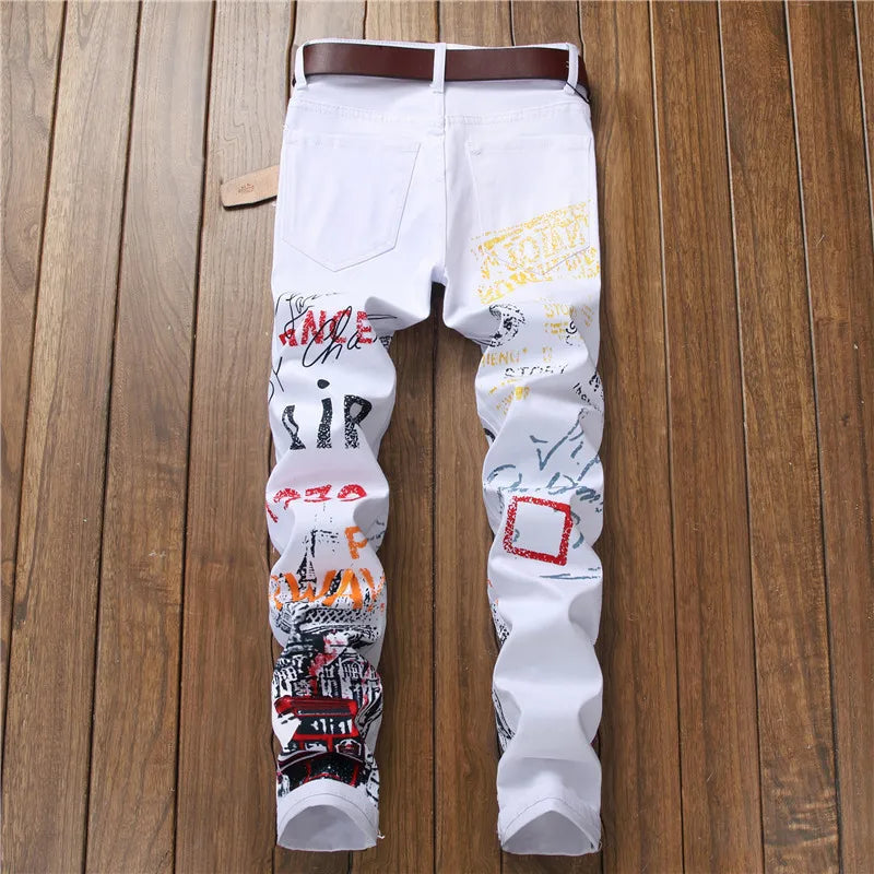 High Street Mens Jeans Fashion Night Club Black White Color Personal Designer Printed Jeans Punk Male Hip Hop Jeans