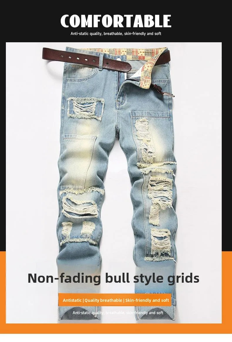 Autumn Men's New Light Blue Slim Fit Jeans ripped