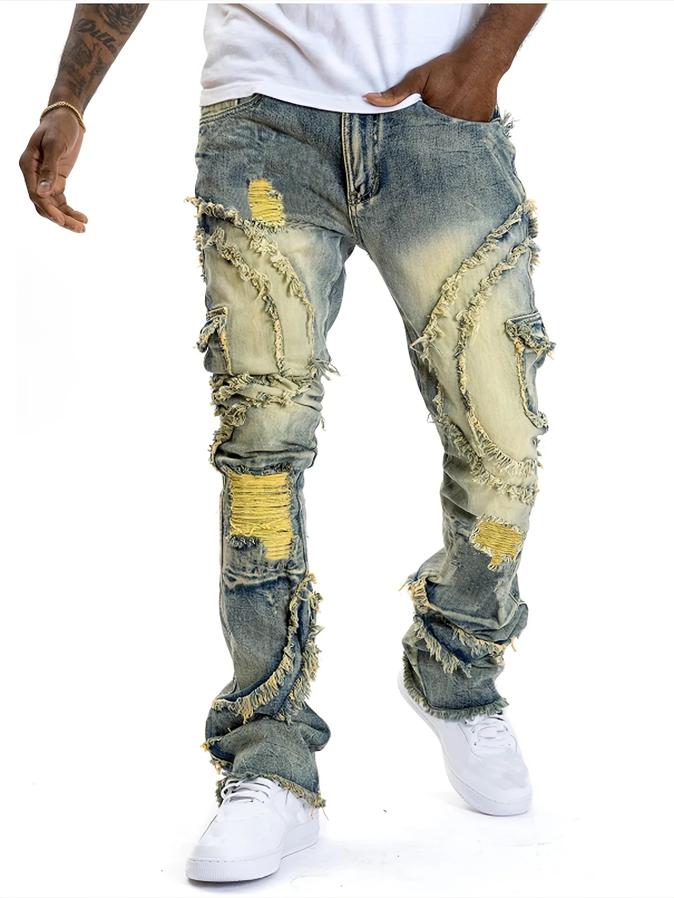 🥶European & American Men’s Ripped Stretch Jeans with Fringe – Streetwear Essential Denim🥶
