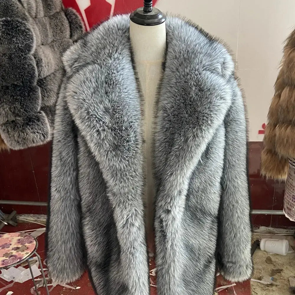 Men's fox fur coat long winter thickened warm trench coat Fashion Fur High Quality Faux Fur Jacket Warm Autumn New
