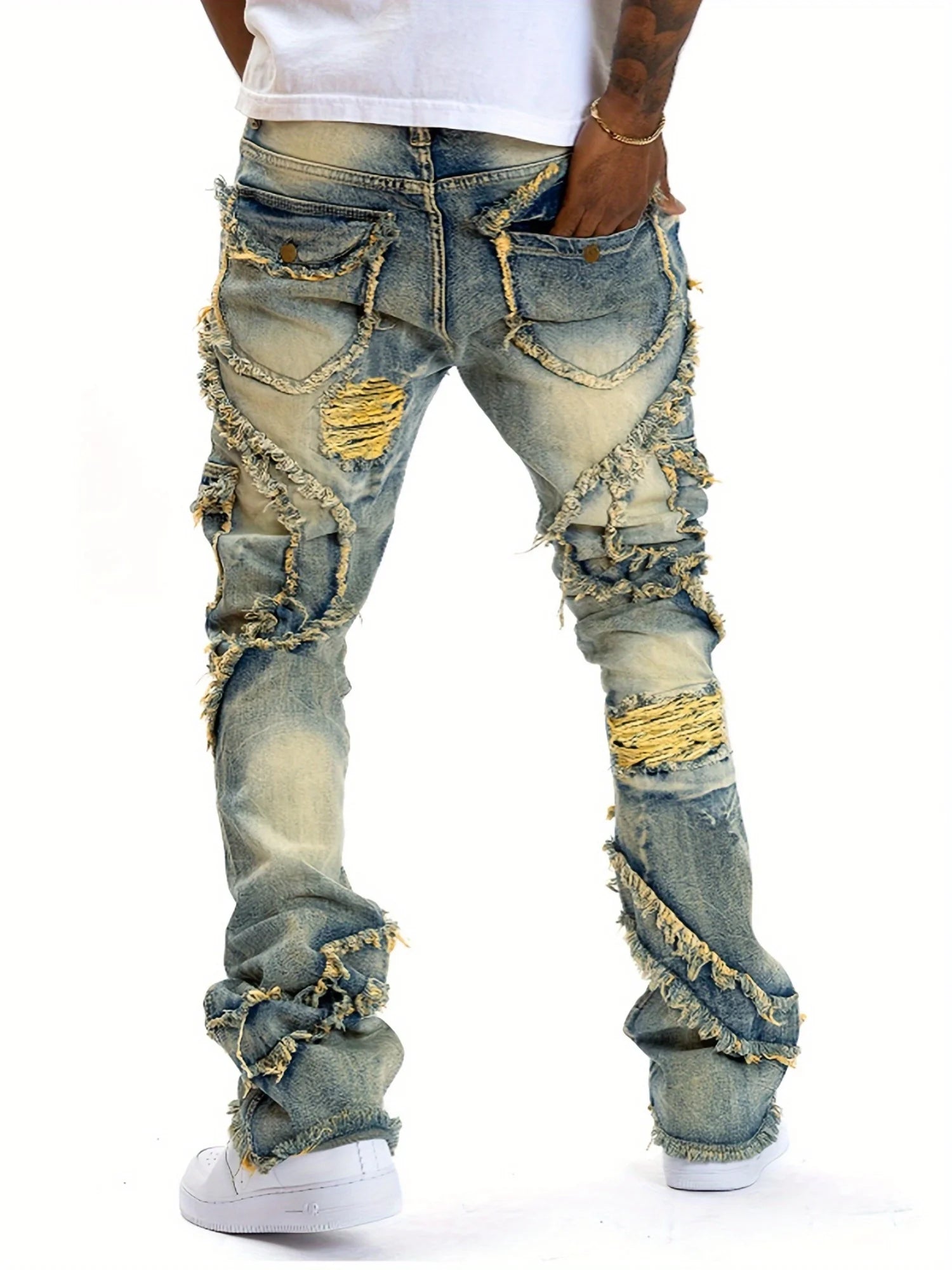 🥶European & American Men’s Ripped Stretch Jeans with Fringe – Streetwear Essential Denim🥶