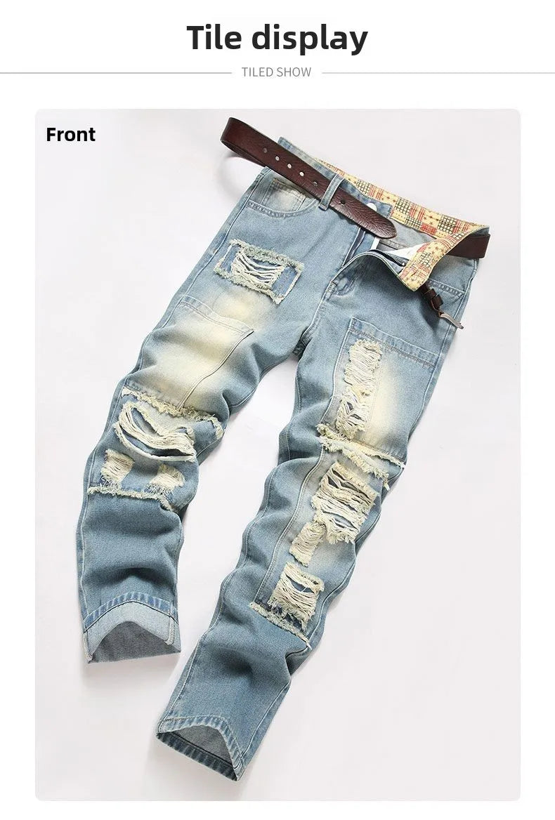 Autumn Men's New Light Blue Slim Fit Jeans ripped