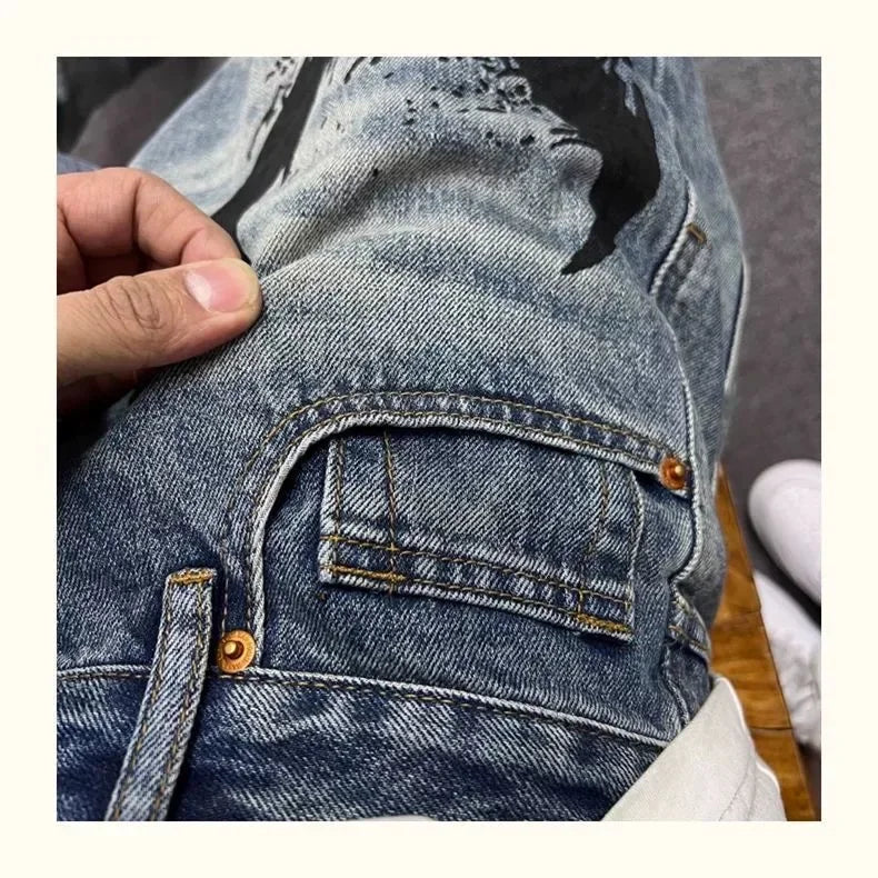 Men's Retro American Street Hip Hop Flame Skull Print Jeans Man High Street Motorcycle Denim Long Pants Baggy Jeans Men Techwear