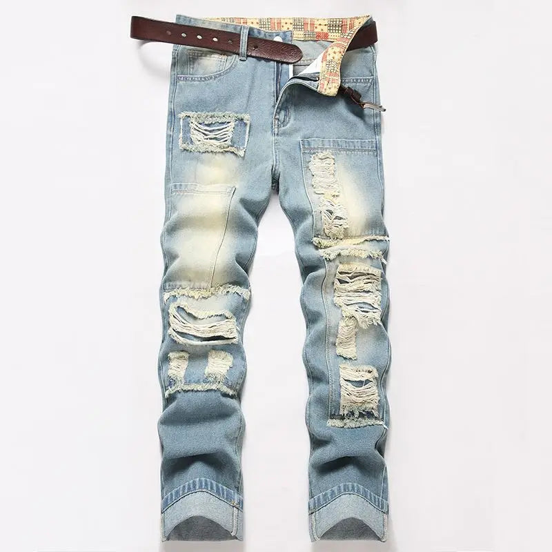 Autumn Men's New Light Blue Slim Fit Jeans ripped