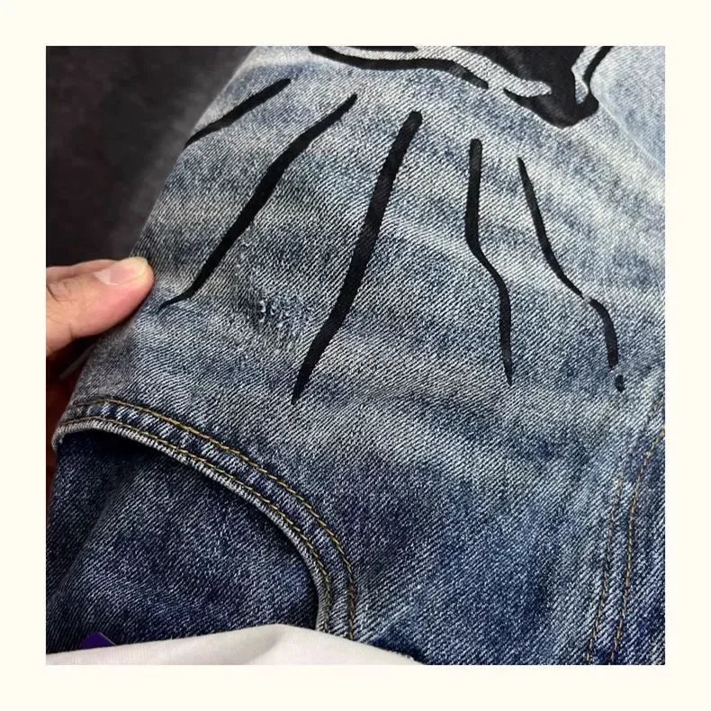 Men's Retro American Street Hip Hop Flame Skull Print Jeans Man High Street Motorcycle Denim Long Pants Baggy Jeans Men Techwear